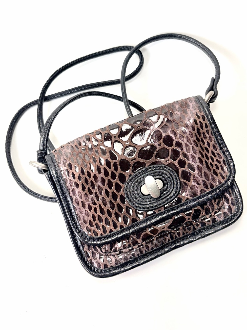Fossil Mini Leather Brown Snake Pattern Twist-lock Closure Crossbody Bag